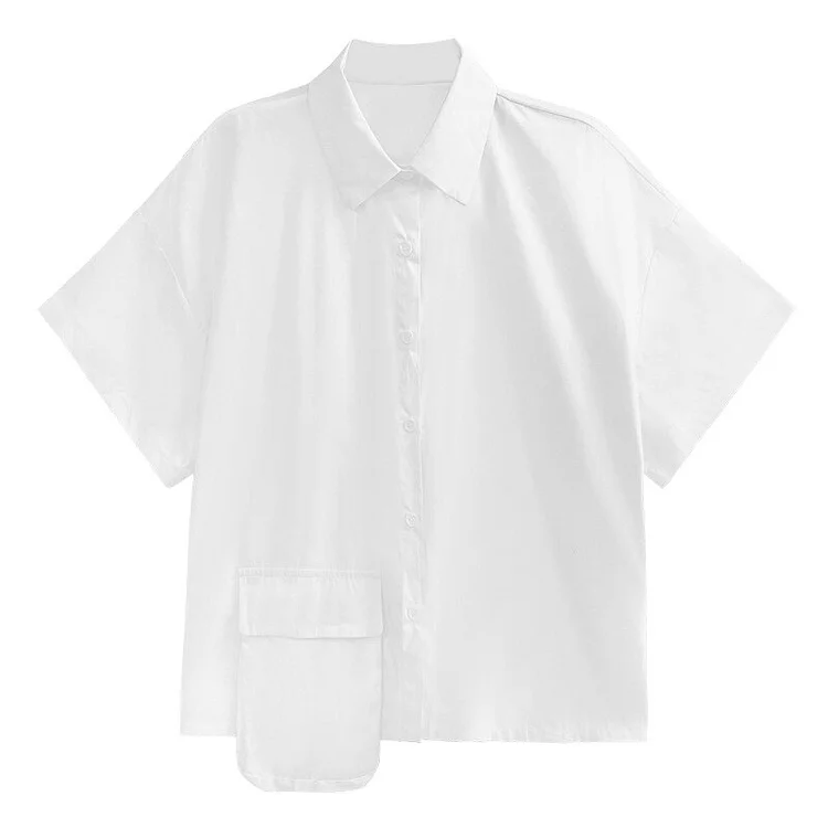 Simple Loose Solid Color Turn-down Collar Single-breasted Splicing Pocket Short Sleeve Shirt