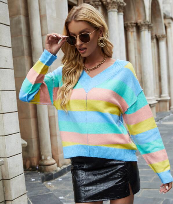 Spring Autumn Rainbow Striped Sweater Women Long Sleeves V Neck Thin Hollow Out Sunscreen Women Sweaters And Pullovers