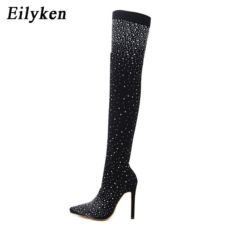 Eilyken New Design Fashion Pointed Toe Bling Over Knee Boots Crystal Long Sock Women Boots High Heel club Sock Boots size 35-43