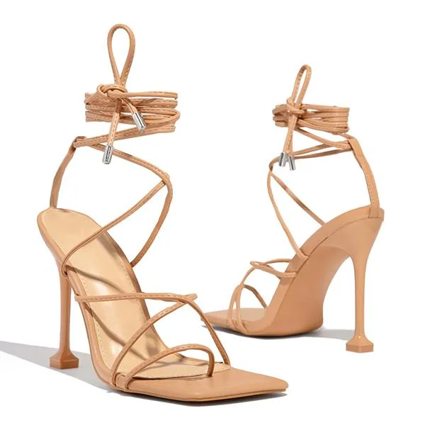 Around-The-Ankle Lace-Up Closure Open Squared Toe Heels