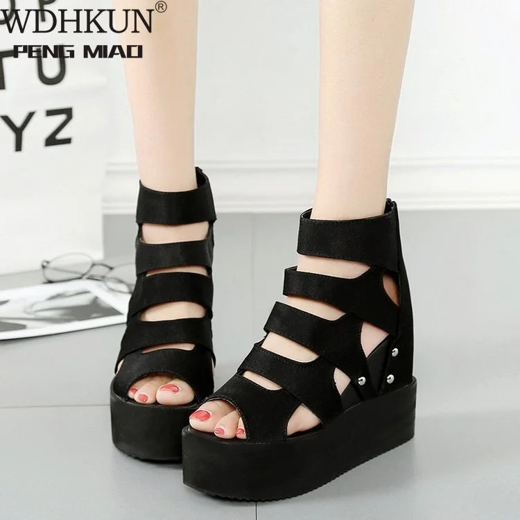 New 2021 New Sandals Super High Heel Height Increase Muffin Thick Bottom Wedge Heel Hollow Fish Mouth  Women Sandals 2020