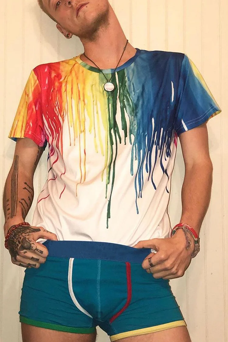 Ciciful Rainbow Ink Painting Round Neck Short Sleeve T-shirt 