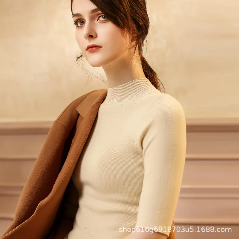 Churchf Churchf 2024 New Half High Turtleneck Slim Sweater Knit Short Sleeve Half Sleeve Five Minutes Middle Sleeve Tight Middle Sleeve Bottom Shirt