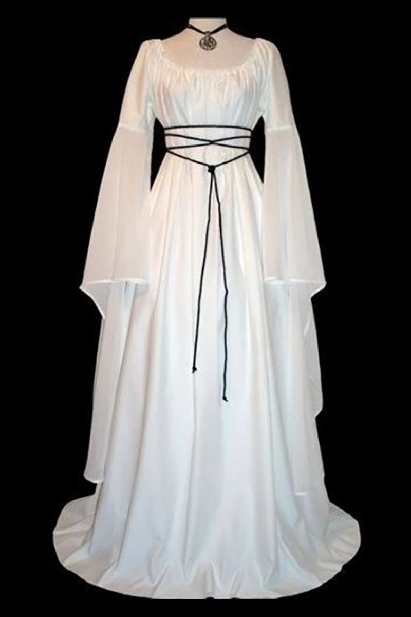 Medieval White Party Round Neck Irregular Belt  Maxi Dress