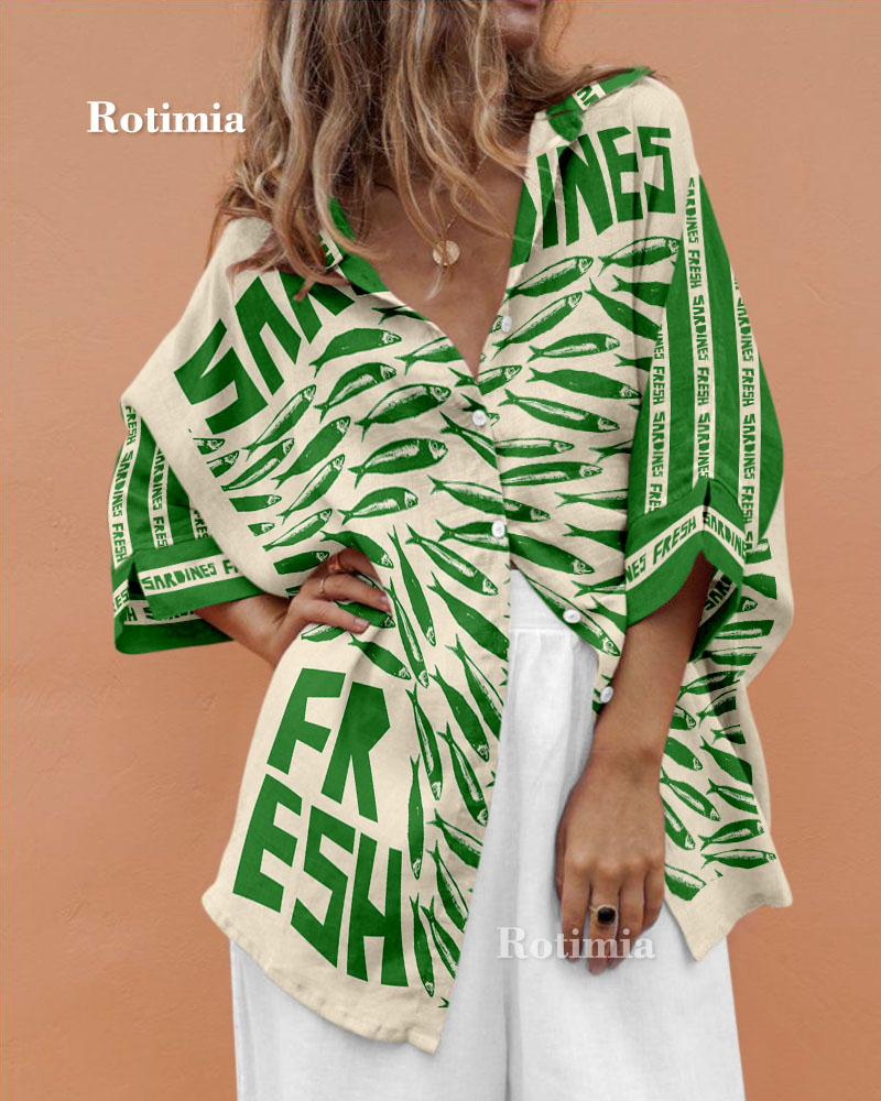 Rotimia Retro vacation green fish print shirt and trousers