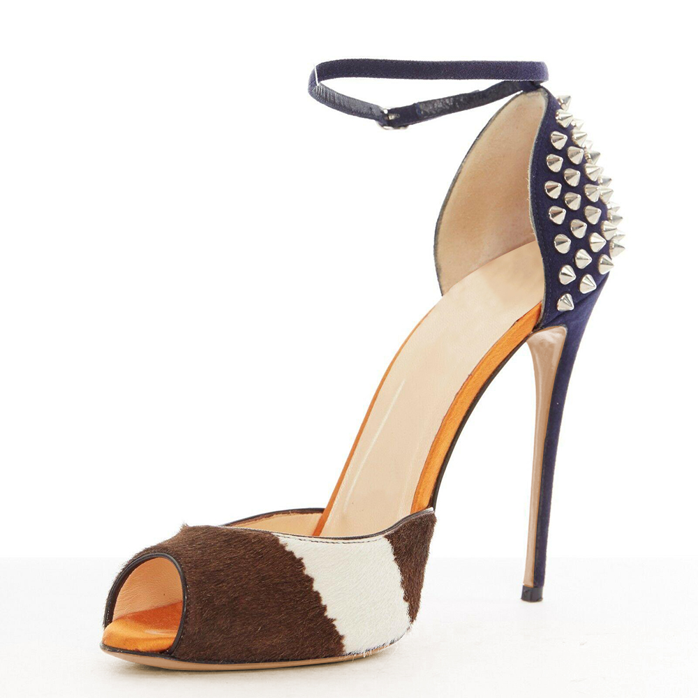 Multicolor Open Toe 4'' Stiletto Heel Ankle Strap Sandals with Studs Nicepairs