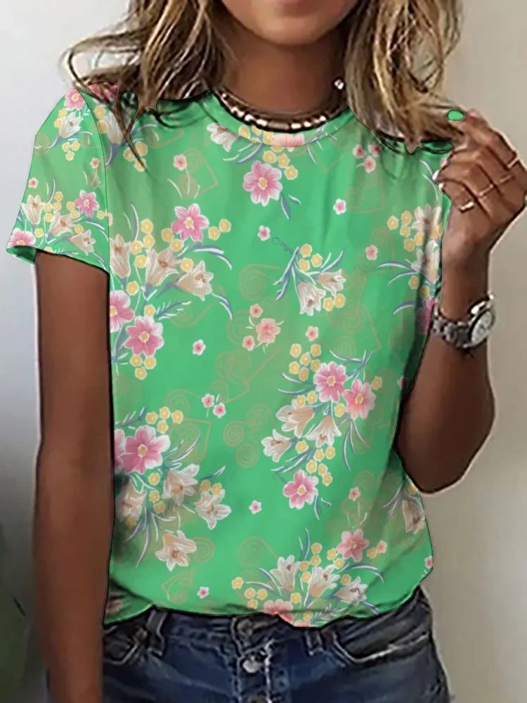 Printed Short Sleeve Casual T-shirt for  Women and Men Unisex Pattern Green, Red, Floral
