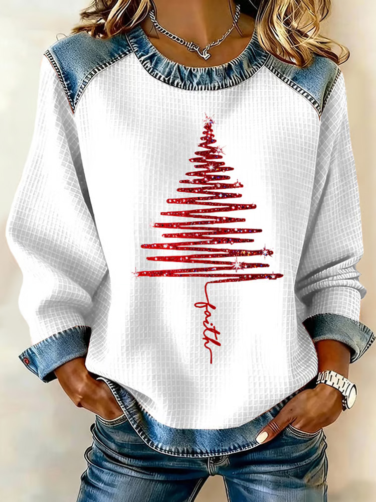 Women's Christmas Waffle Crew Neck Casual Sweatshirt elevenforest