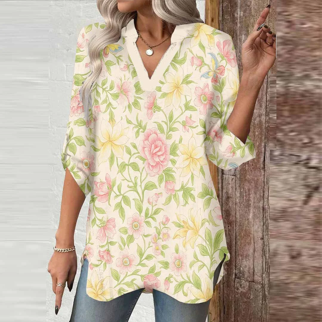 Women Floral, Pink, Green DZGA0476 3/4 Sleeve V-neck Printed Graphic Button Tops