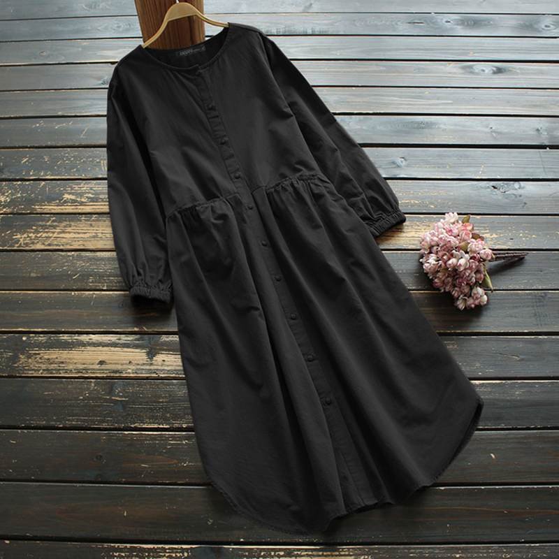 Vintage Long Sleeve Sundress ZANZEA Women Spring Long Shirt Dress Elegant O Neck Solid OL Work Vestidos Casual Baggy Dresses 7