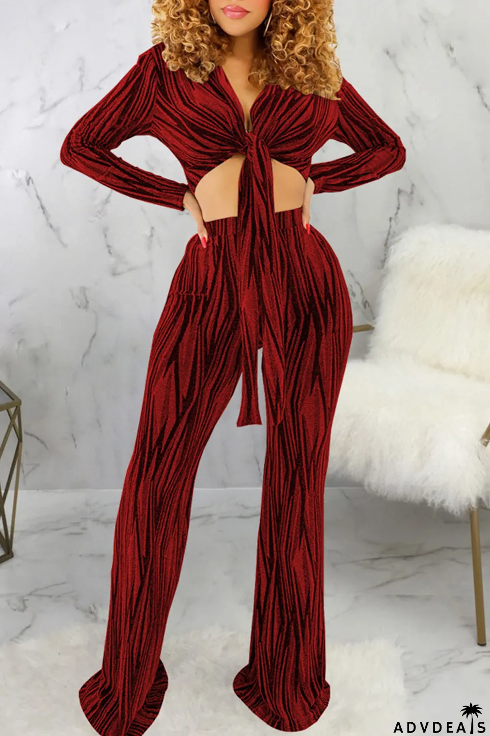 Black Sexy Print Bandage Patchwork V Neck Long Sleeve Two Pieces