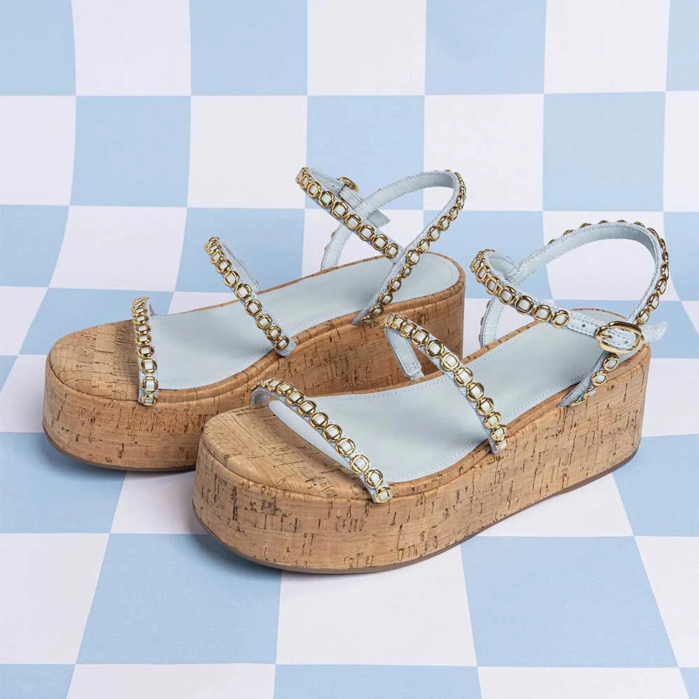 Light Blue Ankle Strap Open Toe Platform Heel Sandals with Gold Accent