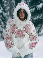 Women's  Bohemian Style Pink Rose Art Warm Hooded Knitted Sweater