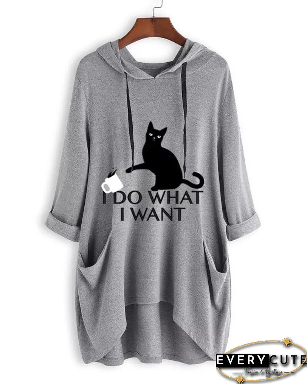 I DO WHAT I WANT Cute Cat Print Irregualr 3/4 Sleeve Plus Size Hoodie