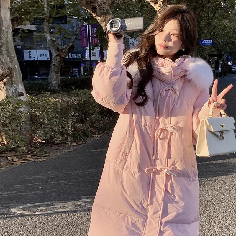 Toloer Bull Horn Buckle Fox Big Hair Collar Down Jacket Female 2024 Winter Fashion Sweet Warm White Duck Down Add Thick Over The Knee Coat-Outfit Ideas