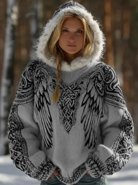 Women's Viking Wing Celtic Art Knit Warm Hooded Sweater