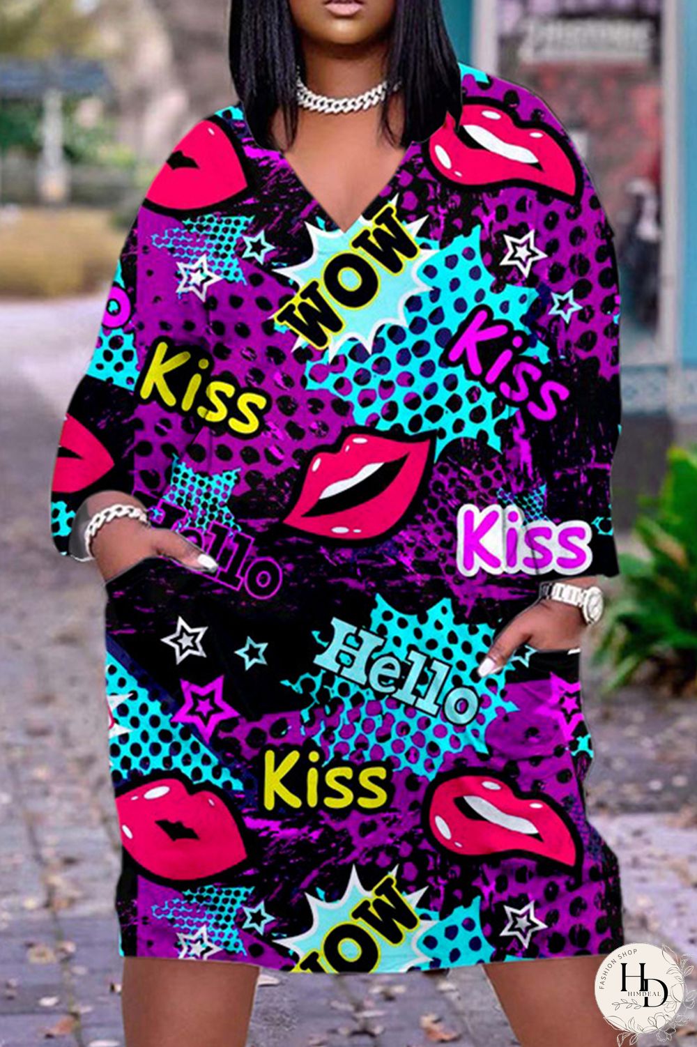 Deep Pink Casual Print Basic V Neck Long Sleeve Dresses