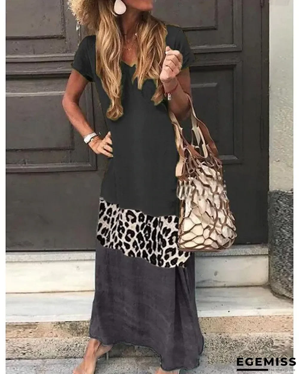 Women's Shift Dress Maxi long Dress - Short Sleeve Leopard Color Block Summer V Neck Hot Casual Vacation Black Orange Green Gray S M L XL XXL 3XL 4XL 5XL Black Dresses | EGEMISS