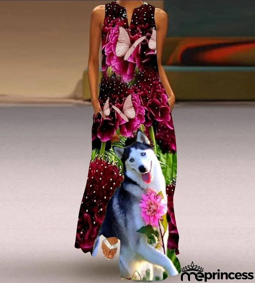 Summer women's sleeveless dress v-neck printed face dress