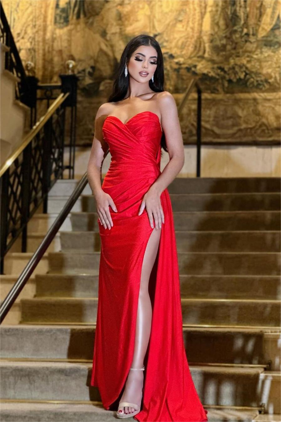 Oknass Stunning Sweetheart Red Strapless Sleeveless Pleated Long Prom Dress with Split