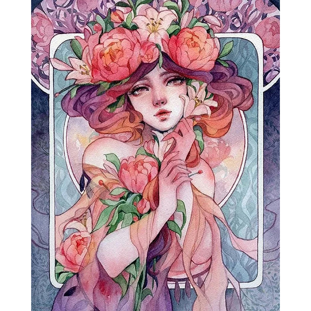 Pink Flower Girl 40*50cm(canvas) full round drill diamond painting