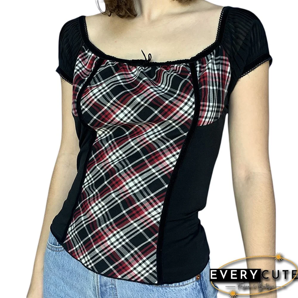 Vintage Y2k Plaid Print Patchwork Tops Women Square Collar Retro Grunge Crop Tees Ruffle Frill Sweet Clothes Cute Bow Tshirts