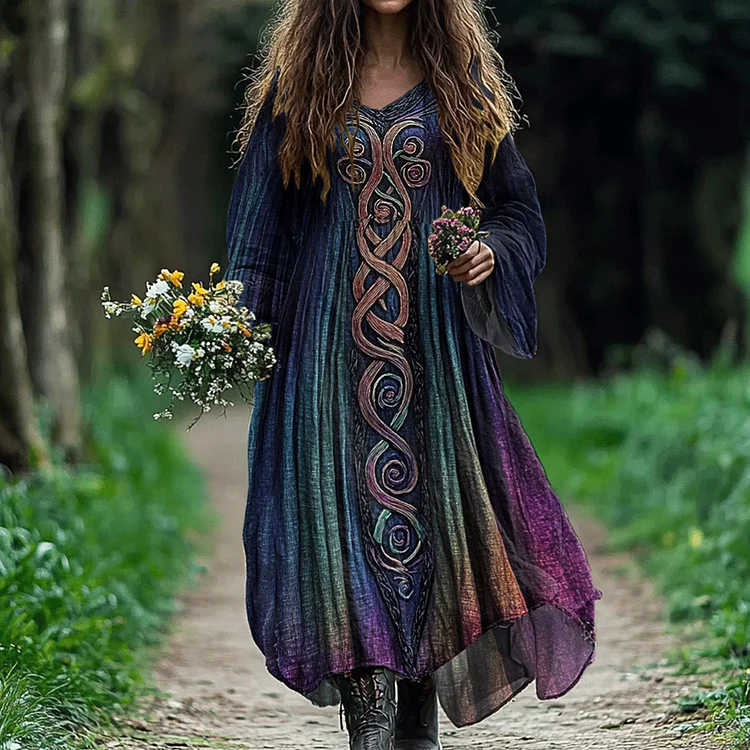 Women's Vintage Viking Celtic Gradient Art Linen Dress