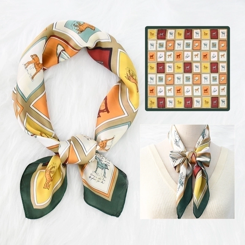 2 Pieces Women’s Elegant Plaid Flower Horse Satin Silk Scarf