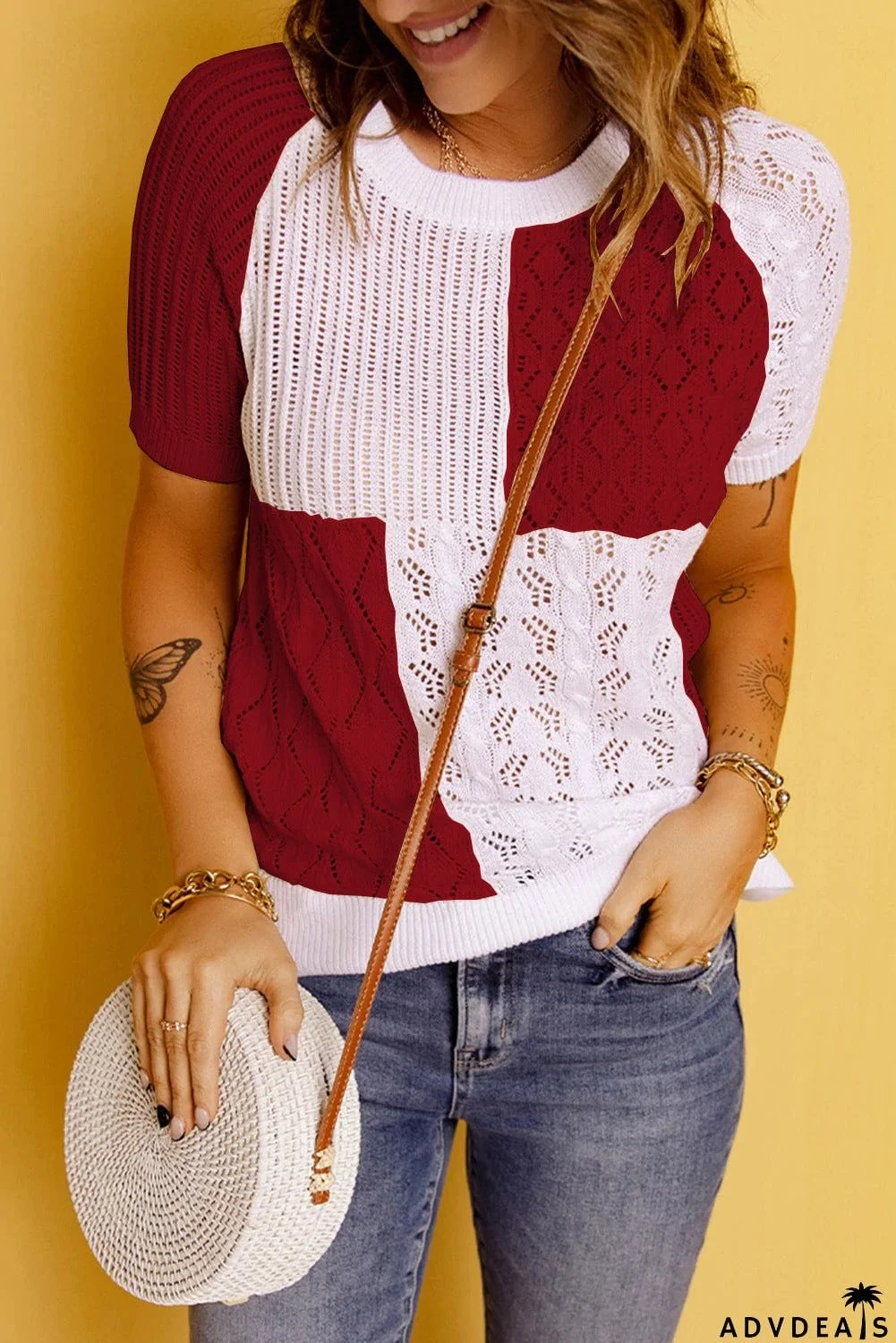Color Block Eyelet Short Sleeve Sweater