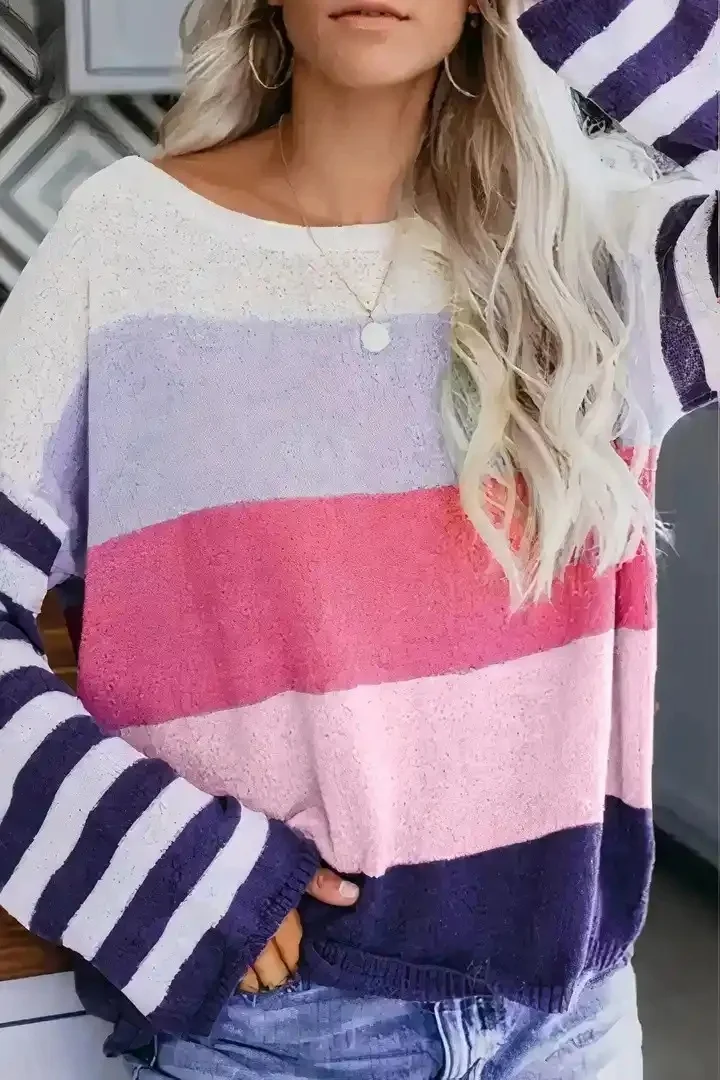 Colorblock Striped Pattern Drop Shoulder Sweater