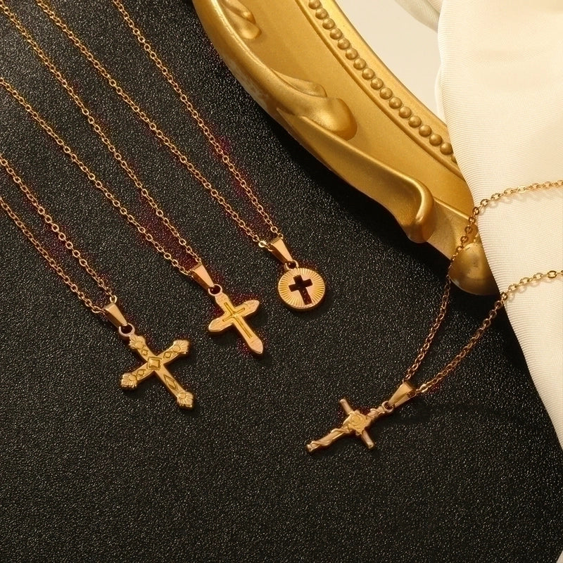 Elegant Vintage Style Cross Solid Color Stainless Steel Plating 18k Gold Plated Pendant Necklace3