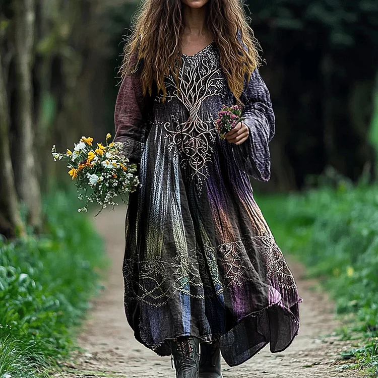 Women's Vintage Tree Of Life Gradient Art Linen Dress