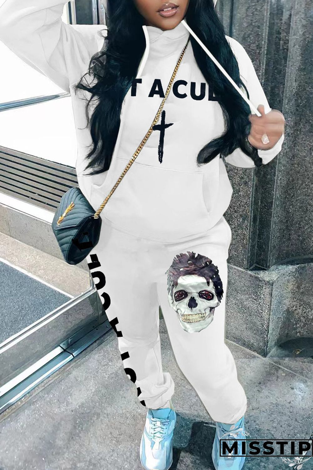 Black Casual Print Patchwork Hooded Collar Long Sleeve Two Pieces