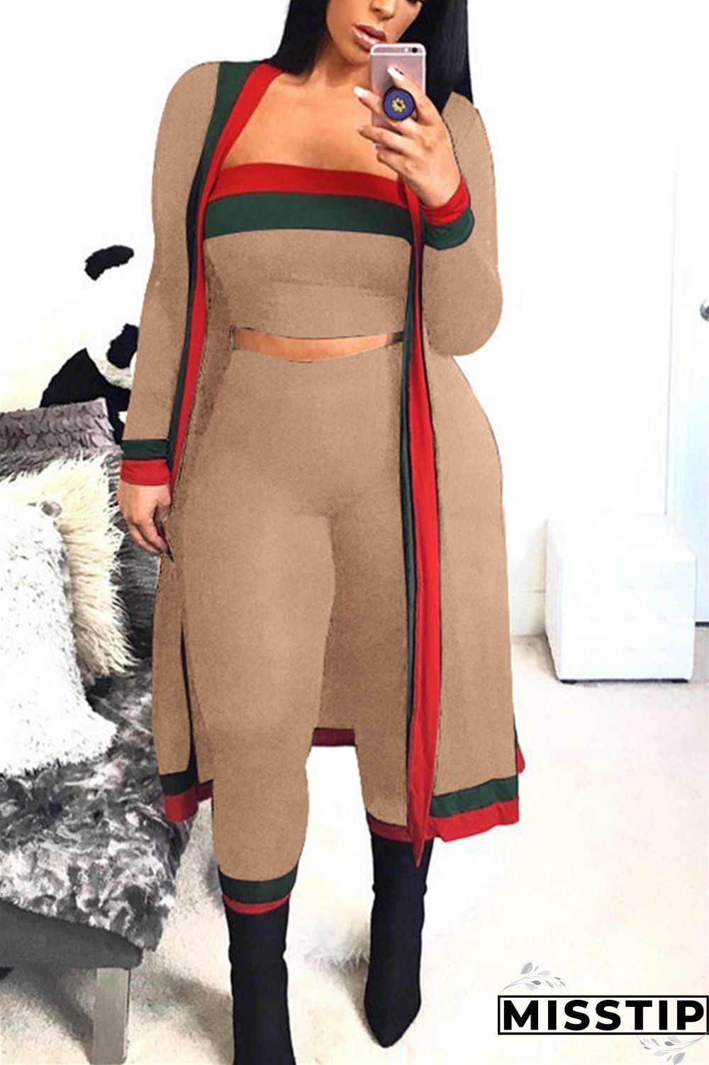 LightKhaki Casual Patchwork Blending Two-piece Pants Set(With The Coat)