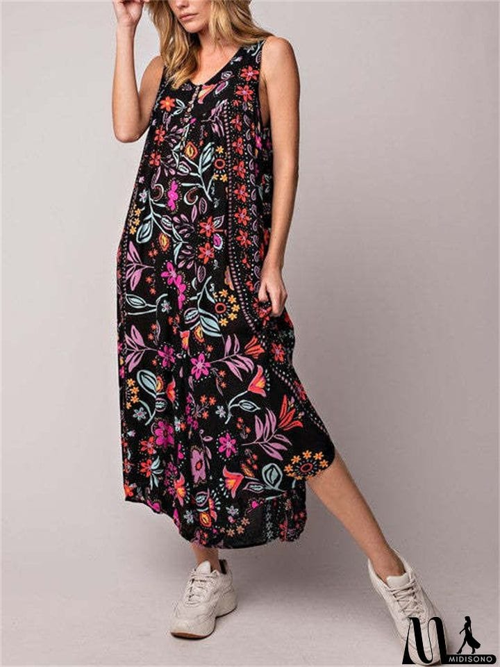 MidiSono - Women's Sleeveless Oversize Vintage Print Wide Leg Jumpsuit