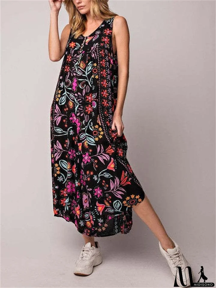 MidiSono - Women's Sleeveless Oversize Vintage Print Wide Leg Jumpsuit