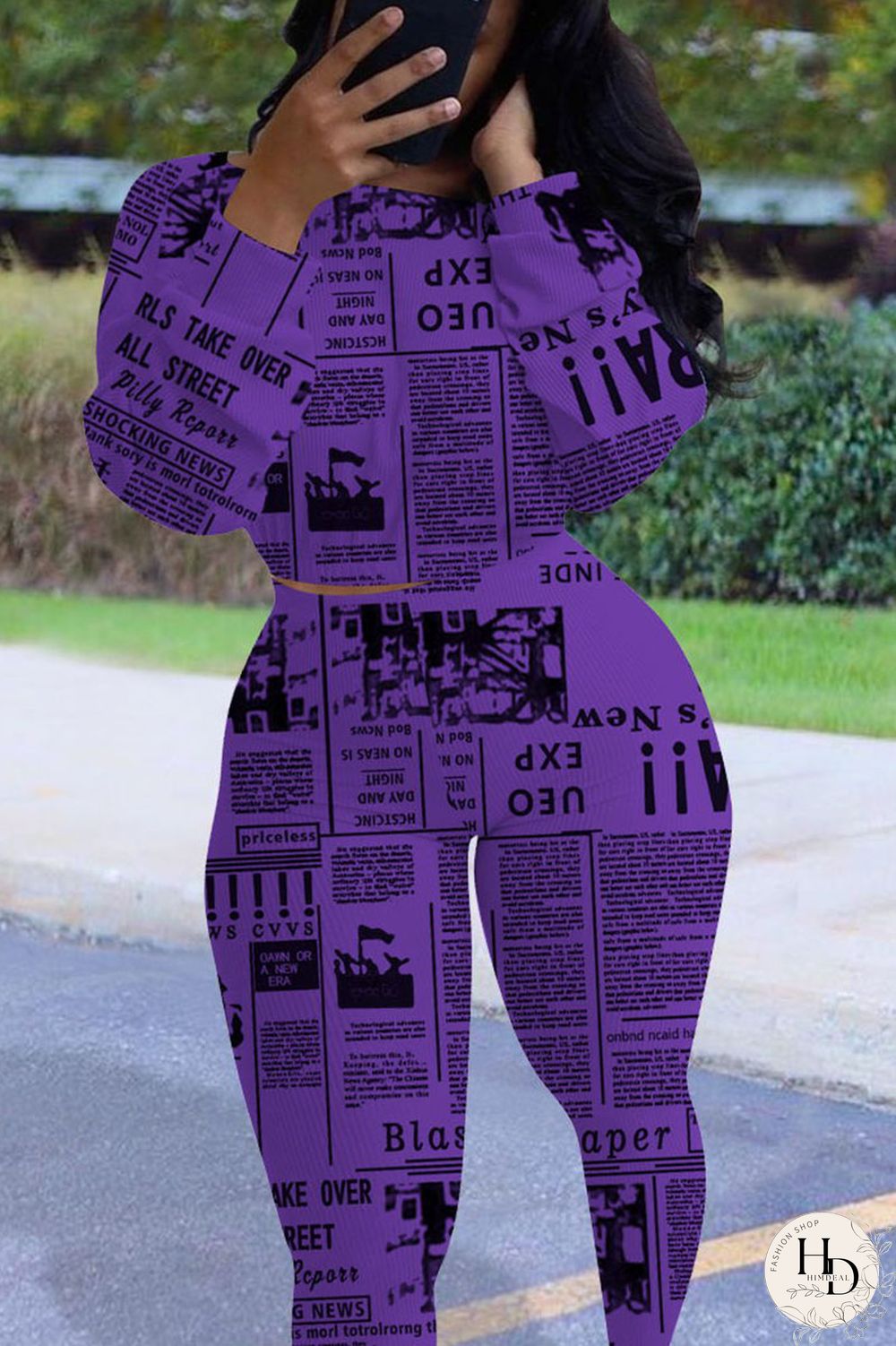 purple Casual Print Split Joint O Neck Long Sleeve Two Pieces