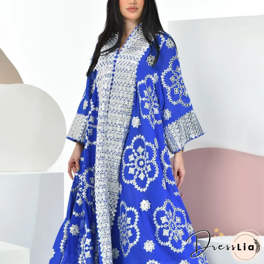 Sliver Flower Pattern Blue Dress