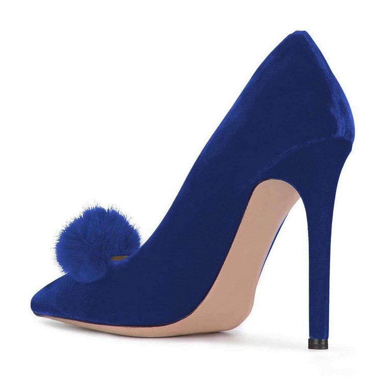 Blue Velvet Pointy Toe Stiletto Heel Pumps Pom Pom Shoes |FSJ Shoes