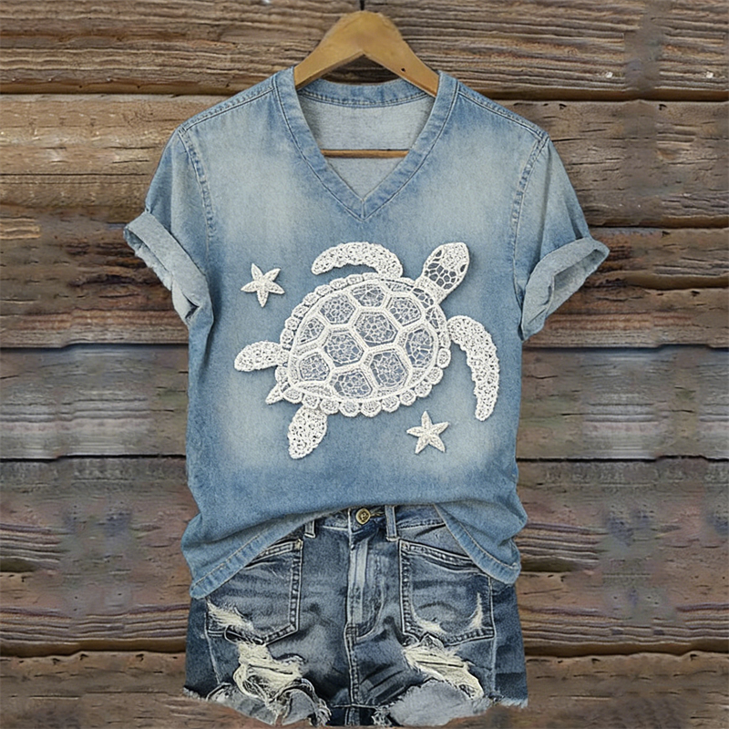 Lovely Sea Turtle & Starfish Lace Art Washed T Shirt wearshes