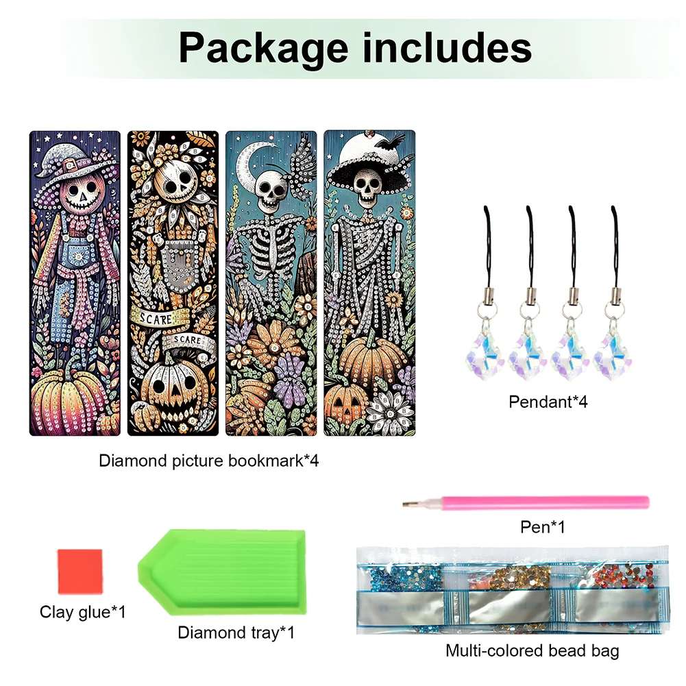 4Pcs Halloween Pumpkin Skull Themed DIY Diamond Painting Bookmark for Book Lover