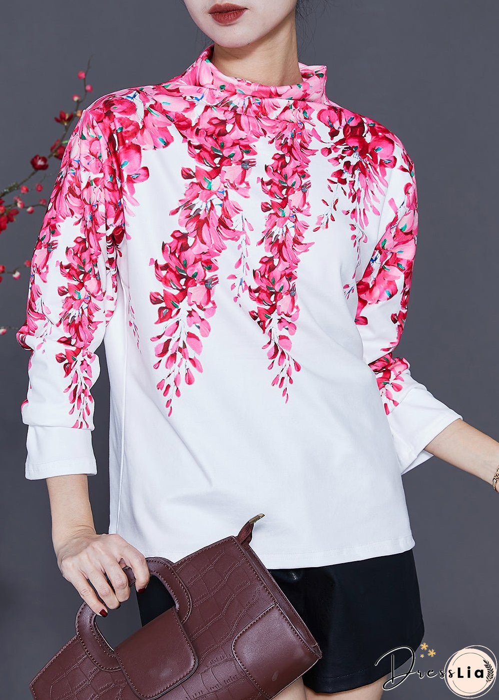 White Cotton Shirt Turtle Neck Floral Print Spring