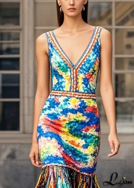Beautiful Multicolou Print Knit Dresses Tasseled Summer