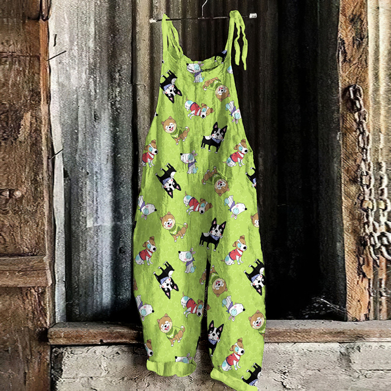 Vintage Cute Cartoon Dog Print Japanese Art Loose Jumpsuit