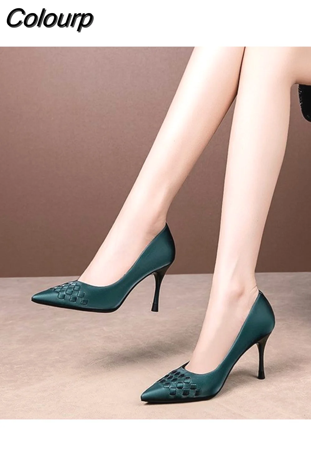 Colourp Satin Silk Weave Women Pumps Green Pointed Toe Stiletto High Heels Temperament Single Shoes Elegant Lady Party Dress Shoes