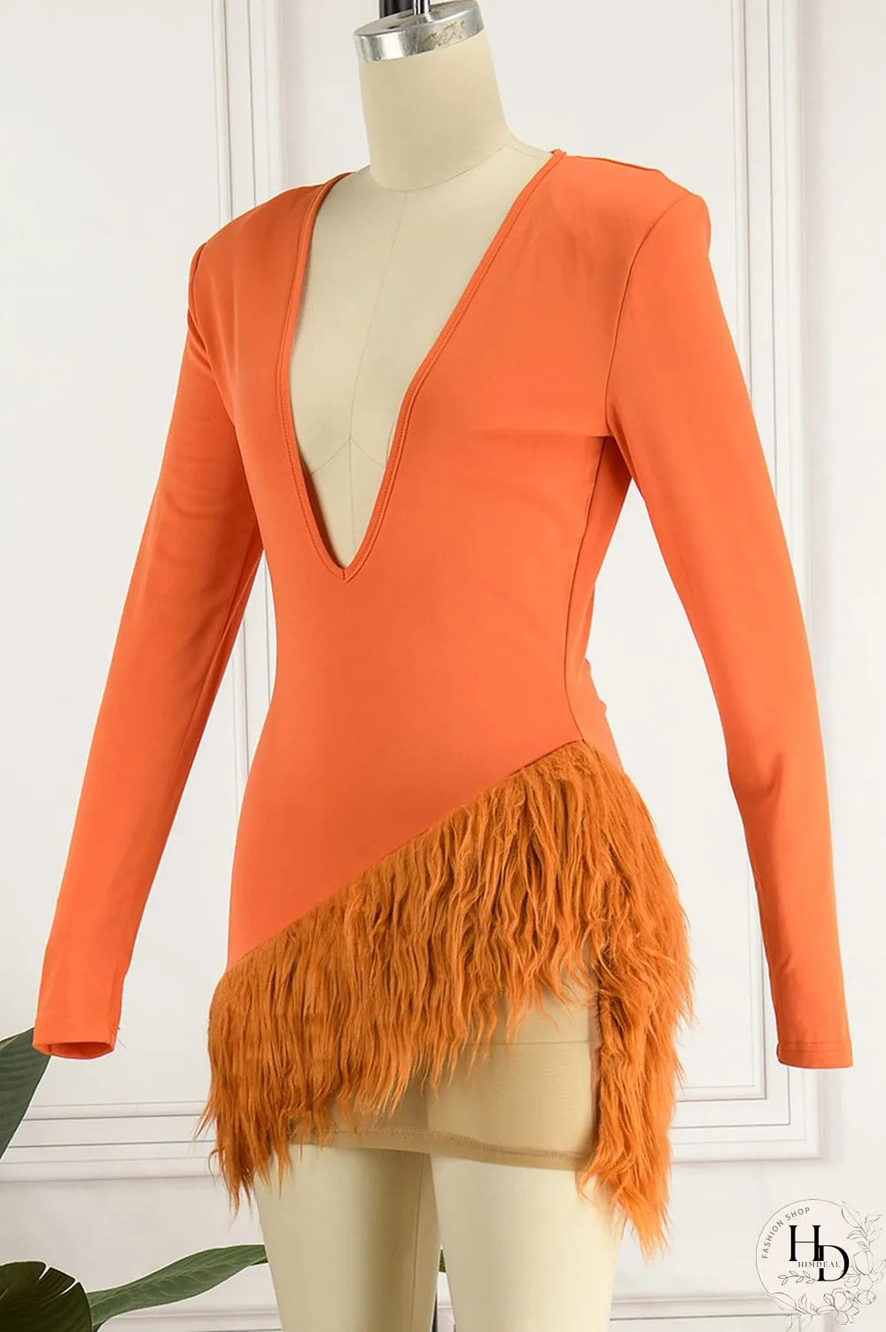 Orange Sexy Solid Patchwork Feathers Asymmetrical V Neck Pencil Skirt Dresses