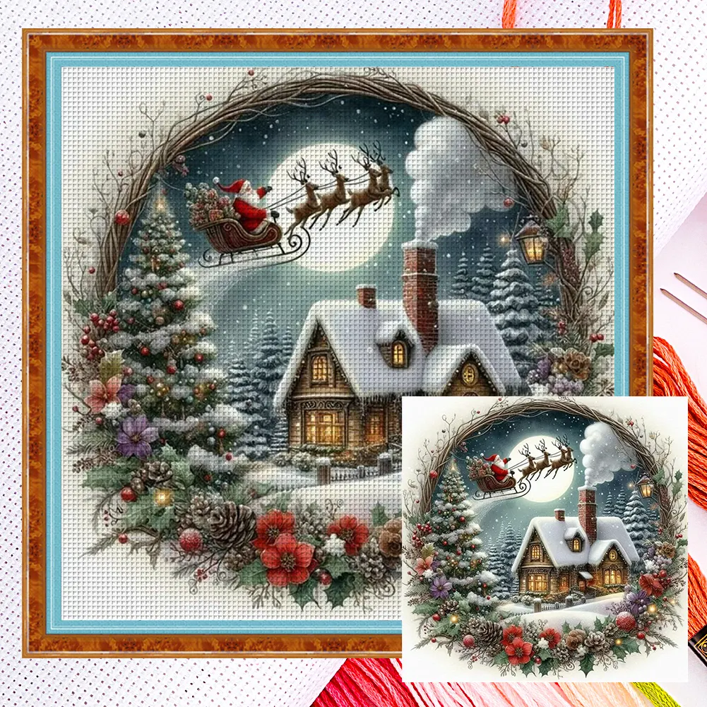 Full Embroidery cotton Thread 14CT Counted Wreath Cross Stitch 40x40cm
