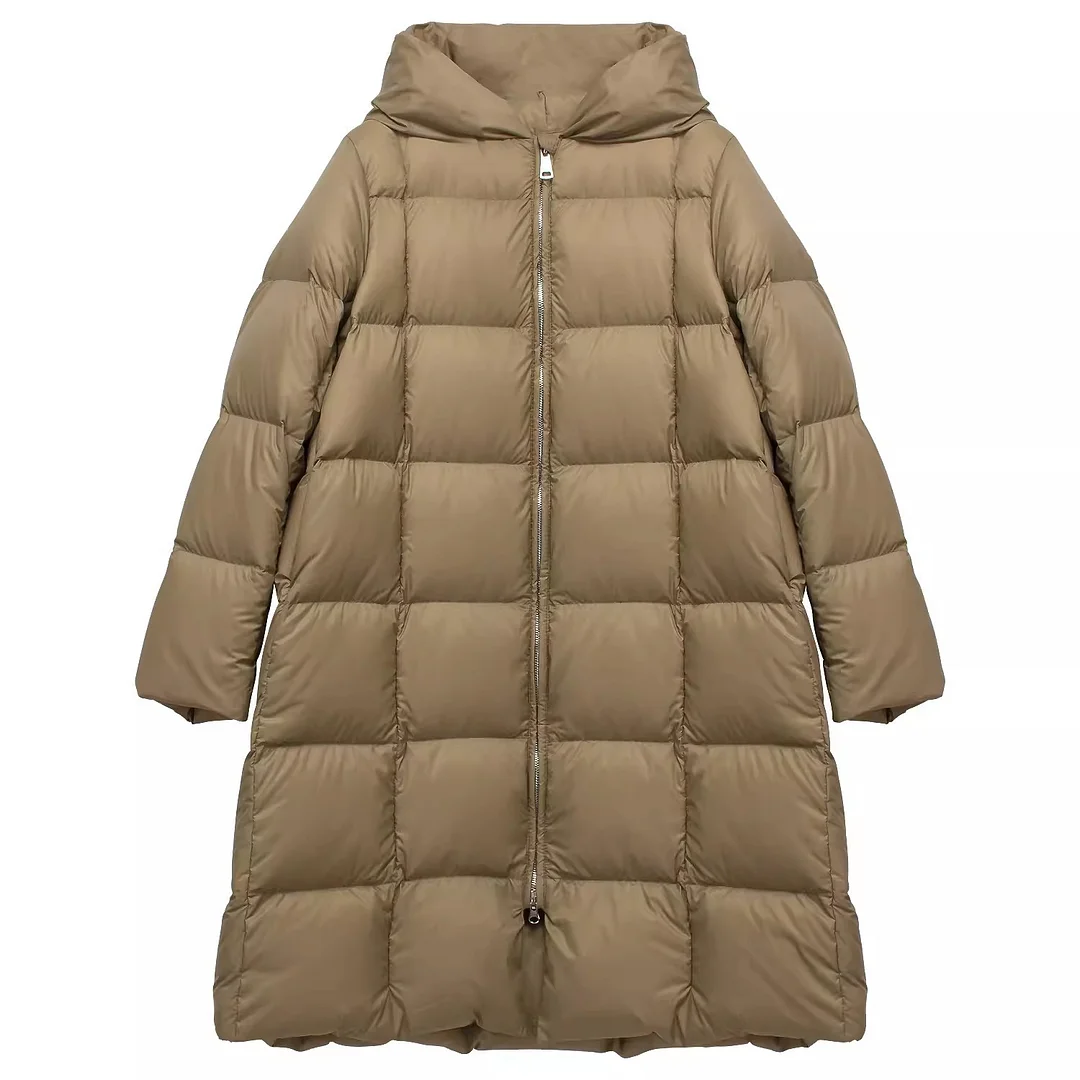 Toloer 90 White Duck Velvet Long Down Jacket Female Winter New Loose Add Thick Fashion Square Pure Color Over The Knee Hooded Coat-Outfit Ideas