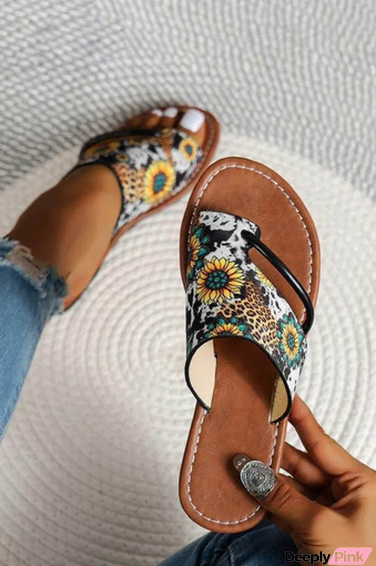 Multicolor Boho Sunflower Print Flat Flip Flops