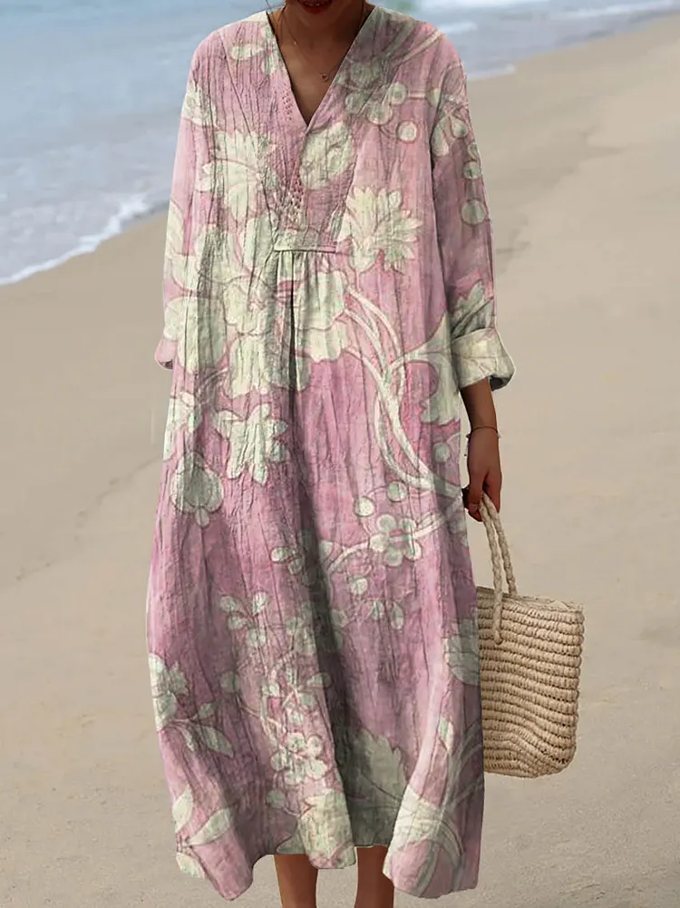 Women's Vintage Floral Art Print Cotton Dress